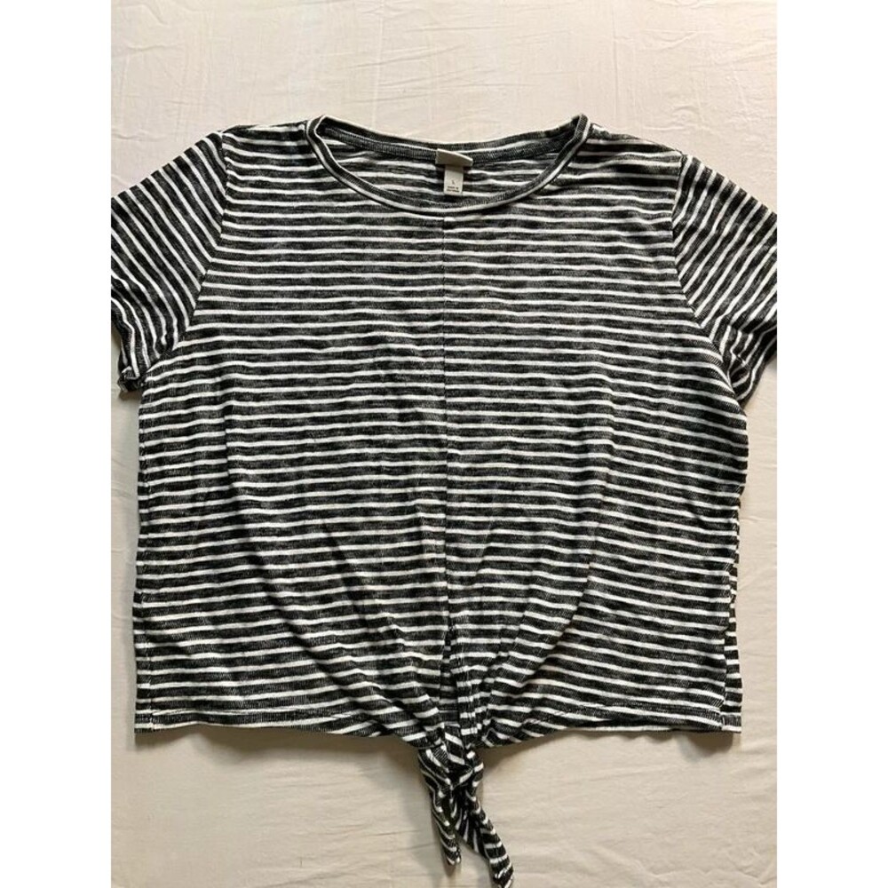 A New Day Striped Front Tie Knot Short Sleeve Tee Shirt Black White Large